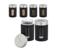 Relaxdays Barattoli Portaspezie, Set da 6 Vasetti, Coperchio con 3 Aperture Spargi Sale, Vetro, Acciaio, 290 ml, Nero, Inox