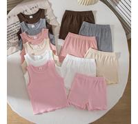 [Set da 6 pezzi, 2 pezzi a caso inviati] Set da 8 pezzi di canotta e pantaloncini a costine per ragazze, adatti per autunno/inverno, in tessuto a costine nei colori grigio, marrone, albicocca, rosa, m