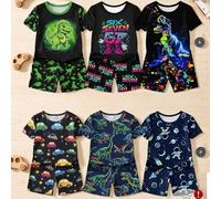 [Set da 6 pezzi/Casuale] Pigiami per ragazzi, nuova moda primavera/estate con disegni luminosi best seller tra cui numeri, dinosauri, auto, astronauti, pianeti, universo, set di pigiama aderente in ma