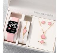 Set da 6 pezzi con orologio digitale elettronico quadrato in silicone rosa casual, braccialetto a forma di cuore, collana e orecchini, anello, il miglior regalo di compleanno per bambini, adatto all'u