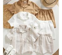 Set da 6 pezzi di camicie a maniche corte e pantaloncini in tessuto lavorato, stile casual scolastico, comodi e alla moda, minimalisti e pratici, adatti per bambini, ideali per primavera/estate, uso q