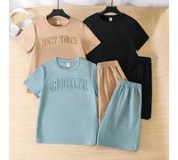 Set da 6 pezzi di magliette girocollo e pantaloncini casual e morbidi con stampa a lettere per ragazzi pre-adolescenti, adatti per pendolarismo, scuola, uso quotidiano, attività sportive, primavera/es