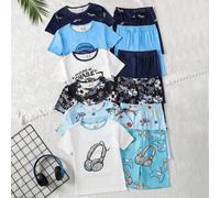 Set da 6 pezzi di pigiama aderente, pantaloncini a maniche corte, con elementi cool come berretto da baseball, astronave, cielo stellato, pallone da calcio, lettere inglesi, cuffie, console per videog
