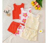 Set da 6 pezzi per bambina 0-3 anni, casual, quotidiano, vacanza, top a maniche corte e pantaloncini in morbido tessuto a maglia ondulato, set da 6 pezzi, color albicocca, verde primavera, nero, 3 col