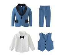 Set da 6 pezzi per neonato maschio da cerimonia, inclusi camicia bianca a maniche lunghe, papillon nero, gilet abbinato, giacca e pantaloni. La camicia bianca chiara appare particolarmente elegante ne