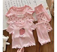 Set da 6 pezzi pigiama estivo per bambina, maglietta a maniche corte con girocollo e rouches, pantaloncini, motivo a fragole, in maglia morbida 6-9M,9-12M,12-18M,18-24M,2-3Y,3-6MGeometrico,Lettere,Pia