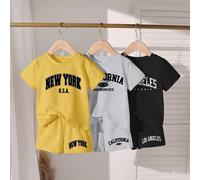 Set da 6 pezzi/Set da 3 pezzi Outfit casual per bambini piccoli, maglietta a maniche corte con stampa di lettere e pantaloncini, per scuola e campus, New York LA USA, Giallo*1, Grigio*1, Nero*1 6Y,7Y,