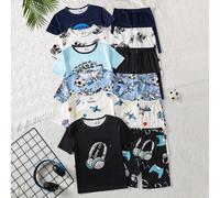 Set da 6 pigiami aderenti, maniche corte e pantaloncini, con disegni assortiti inclusi berretto da baseball, astronave, cielo stellato, pallone da calcio, lettere inglesi, cuffie, console per videogio