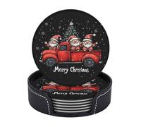Set da 6 sottobicchieri in pelle con camioncino rosso e gnomi natalizi per bevande, con supporto, simpatici sottobicchieri da tavolo resistenti al calore per Capodanno, ideali per cucina, sala da p
