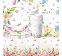 Set da 61 pezzi per feste primaverili con vivaci motivi floreali, ideali per feste di compleanno. Include tovaglie, bicchieri di carta, tovaglioli e piatti di carta per un massimo di 20 ospiti.