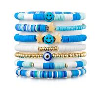Set da 7 braccialetti in stile boho con perline blu, cuori e volti sorridenti in argilla polimerica, adatti per l'uso quotidiano delle ragazze, per il rientro a scuola Tagli UnicaGraficoArgilla polime