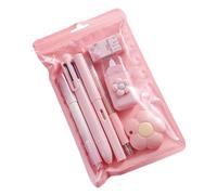 Set da 7 pezzi di cancelleria rosa con penne a sfera, temperamatite, evidenziatore, nastro correttore, righello e coltello, ideale per scuola e ufficio, rosa