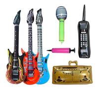 Set da 7 pezzi gonfiabile retrò per feste con 1 ghetto blaster 1 microfono, 3 chitarre, 1 telefono 1 pompa ad aria, perfetto per feste di carnevale 80 anni '90