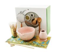 Set da 7 pezzi in ceramica Matcha Whisk Matcha giapponese con ciotola, scopa in bambù, filtro per tè, porta cucchiaio, asciugamano da tè, supporto per scopa giapponese, per principianti (rosa)