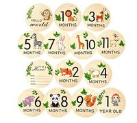 Set da 7 Pezzi Milestone per Neonati in Legno, Dischi Mensili Bifacciali da 10 cm con Targhetta Hello World, Accessori per Servizio Fotografico Regalo Nascita Tema Animali