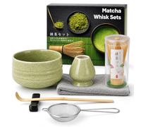 Set da 7 pezzi per Matcha, kit cerimoniale giapponese con frusta in bambù, ciotola verde matcha increspata, supporto per frusta (verde), cucchiaio lungo, setaccio, poggia cucchiaio e strofinaccio