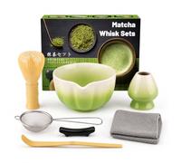 Set da 7 pezzi per Matcha verde sfumato, frusta in plastica con ciotola in ceramica con bordo a petali, kit completo per la preparazione del matcha, con paletta, colino, supporto e asciugamano