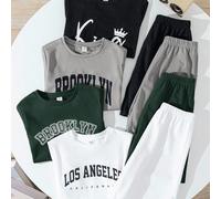 Set da 8 pezzi di magliette a girocollo e pantaloncini casual con grafica a lettere per ragazzi/pre-adolescenti, stile morbido, multicolore, versatili, adatti per pendolarismo, scuola, uso casual quot