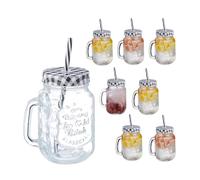 Relaxdays Set 8 Tazze, con Coperchio e Cannuccia, Design Vintage, per tè Freddo, Bevande, Limonate, Party, 500 ml, Nero, 13,5 x 11 x 8 cm