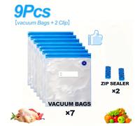 Set da 9 pezzi, confezione di sacchetti riutilizzabili ermetici per alimenti (9 set; 7 sacchetti per sigillatrice sottovuoto + 2 clip) per /mantenere bistecche e alimenti /frigorifero/