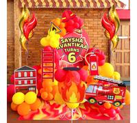 Set da 98 pezzi/7 pezzi per corona e arco a tema autopompa, include palloncini a forma di fiamma, grandi palloncini in foil a forma di autopompa, palloncini a forma di S, adatto per feste di compleann