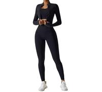 Set da allenamento da donna, 3 pezzi, giacca a maniche lunghe con cerniera, top corto, leggings da yoga a vita alta, set da palestra e atletica, nero, Medium