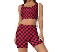Set da allenamento da donna a scacchi rossi e neri, 2 pezzi, pantaloncini a vita alta, abiti da yoga, Stile-1, XS