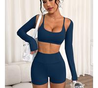 Set da allenamento da donna blu navy 3 pezzi, athleisure autunnale per pilates con coprispalle, reggiseno sportivo con spalline sottili e schiena incrociata, abbigliamento da palestra modesto L,M,S,XS