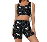 Set da allenamento da donna con fiori e unicorno, 2 pezzi, pantaloncini a vita alta, abbigliamento da yoga, Stile-1, XS