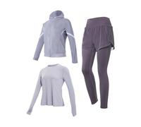 Set da allenamento per le donne, abiti da yoga in tre pezzi, tessuto spandex in poliestere traspirante, giacca con cappuccio, pantaloni lunghi, pantaloncini a vita alta, taglia XXL