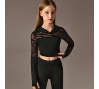 Set da allenamento per ragazze pre-adolescenti in in rete nero con inserti, completo aderente e slim per yoga, allenamento all'aperto, corsa casual, fitness traspirante. Set abbinato per Pilates con t