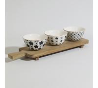 Set da aperitivo con 3 ciotole in ceramica bianca, nera e marrone e vassoio in legno di acacia