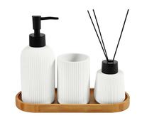 Set da appoggio in ceramica Riga con vassoio bambù bianco vaniglia Bianco