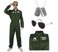 Set da aviatore, costume da pilota da uomo, costume da pilota da combattimento con occhiali da sole da aviatore e segno di riconoscimento argento, costume da jet pilot, jet da combattimento Dress Up