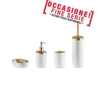 Set da bagno 4 pezzi in resina colore BIANCO-ORO portasapone. bicchiere, dispenser e portascopino bianco