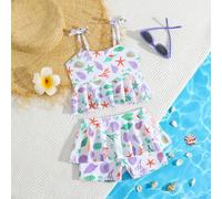 Set da bagno a 2 pezzi per bambine, top a volant con stampa di creature marine e spalline a spaghetti, abbinato a pantaloncini da bagno, abbigliamento da spiaggia coordinato tra fratelli 6-9M,9-12M,12