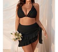 Set da bagno a 3 pezzi composto da reggiseno a fascia con volant, parte inferiore del bikini e gonna coprente, in tinta unita, adatto alla taglia forte, per l'estate e la spiaggia 0XL,1XL,2XL,3XL,4XLC