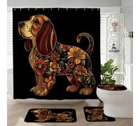 Set da bagno con cane bassethound autunnale, accessorio da bagno con tappeto antiscivolo, a forma di U e tappetino copriwater, decorazione per il bagno autunnale vintage retrò con fiori, 183 x 183 cm