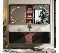 Set da bagno con doppio lavabo e specchio LED, design moderno sospeso con lavabo integrato e grandi cassetti, mobile in legno di quercia