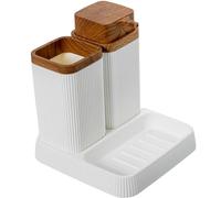 Set da bagno con dosatore, Bicchiere e portasapone in acrilico bianco e naturale 15x15x16 cm
