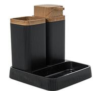Set da bagno con dosatore, Bicchiere e portasapone in acrilico nero e naturale 15x15x16 cm