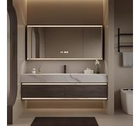 Set da bagno con lavabo sospeso e specchio a LED, design elegante, in legno massello multistrato, 71,1 cm