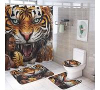 Set da bagno con tenda da a e tappeti, 4 pezzi, raffigurante una donna nera sotto le zanne di una tigre selvaggia e feroce, con donna afroamericana, set di decorazioni per il bagno con 12 ganci.