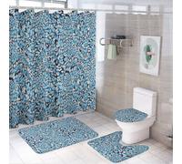 Set da bagno con tenda da doccia e tappeti, 4 pezzi, motivo astratto leopardo blu, accessori decorativi per copriwater e tappetino a forma di U con 12 ganci