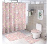 Set da bagno con tenda da doccia e tappeti, 4 pezzi, motivo cartone animato, grazioso coniglio, margherita, set di tappetini da bagno rosa, accessori decorativi per copriwater e tappetino a forma di U