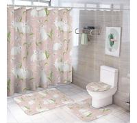 Set da bagno con tenda da doccia e tappeti, 4 pezzi, motivo: coniglietto bianco, un set di tappetini da bagno, accessori decorativi per copriwater e tappetino a forma di U con 12 ganci