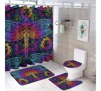 Set da bagno con tenda da doccia e tappeti, 4 pezzi, set di tappetini da bagno con libellula e mandala indiani, accessori decorativi per copriwater e tappetino a forma di U con 12 ganci