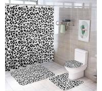 Set da bagno con tenda da doccia e tappeti, motivo leopardato, nero e bianco, set di accessori decorativi per copriwater e tappetino a forma di U con 12 ganci