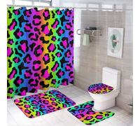 Set da bagno con tenda da doccia e tappeti, set di tappetini da bagno con motivo leopardato arcobaleno, accessori decorativi per copriwater e tappetino a forma di U con 12 ganci