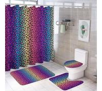 Set da bagno con tenda da doccia e tappeti, set di tappetini da bagno con motivo leopardato, colori fluo arcobaleno, accessori decorativi per copriwater e tappetino a forma di U con 12 ganci